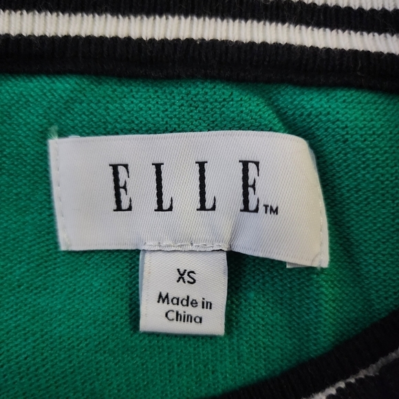 Elle Short Sleeve Sweater Top Green Black White Bow Collar Women's XS Preppy EUC - Picture 6 of 8